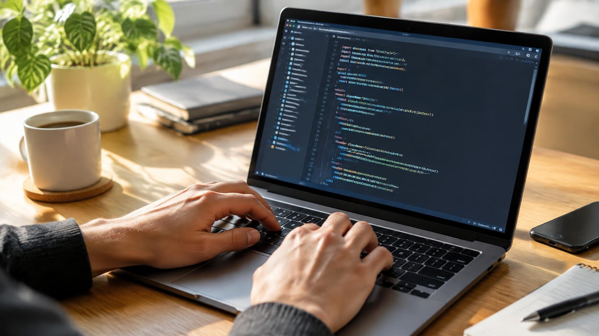 Person's hands typing code on a laptop keyboard